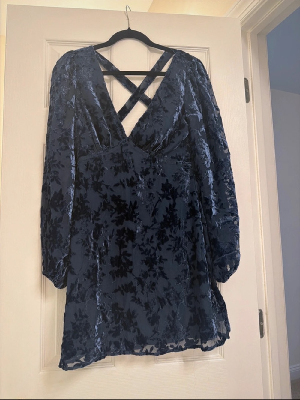 Lulu’s Stance Teal Blue Velvet Floral Long Sleeve Mini Dress